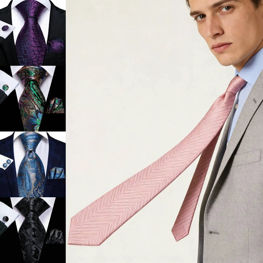 Extra Long Tie Set for Men, 3-Piece Wedding Accessories with Cufflinks & Pocket Handkerchief, Striped/Floral Design Qme