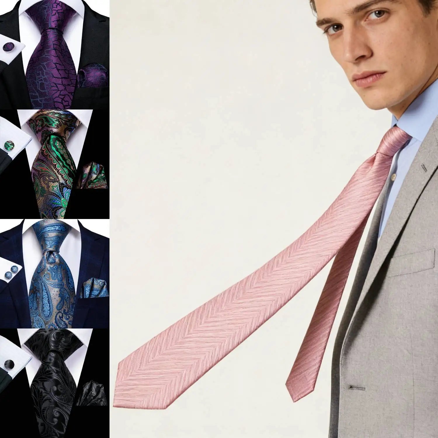 Extra Long Tie Set for Men, 3-Piece Wedding Accessories with Cufflinks & Pocket Handkerchief, Striped/Floral Design Qme