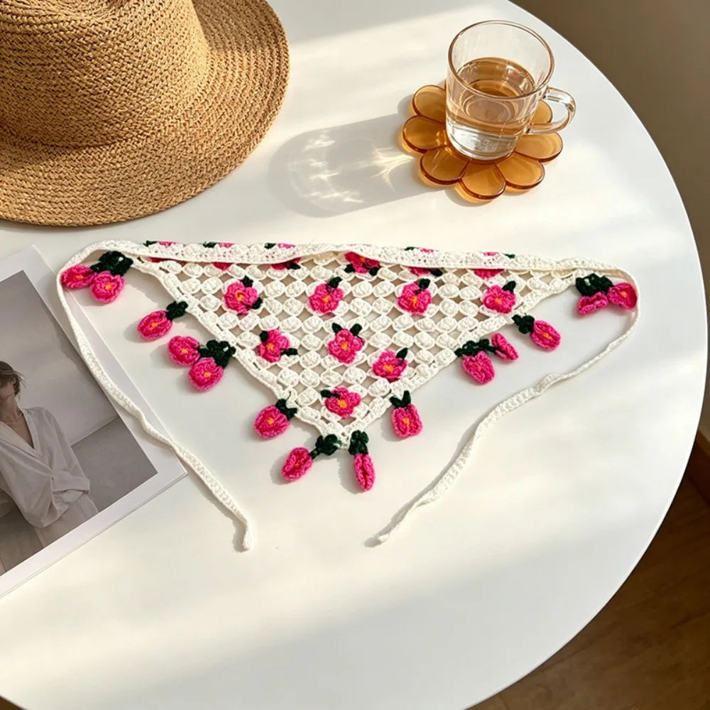 Cute Floral Knitted Flower Headband French Countryside Style Triangle Turban Bohemian Pastoral Women Hair Scarf Girls Qme Pink