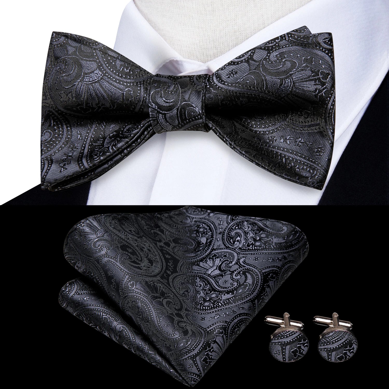 Hi-tie Silk Mens Self Bow Tie Hanky Cufflinks Blue Red Gold Black