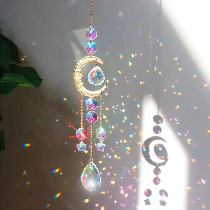 1pc Colored Crystal Wind Chime Moon Decorative Pendant Crystal Prism Hanging Gift SunCatcher For Garden Party Outdoor Home Decor Qme