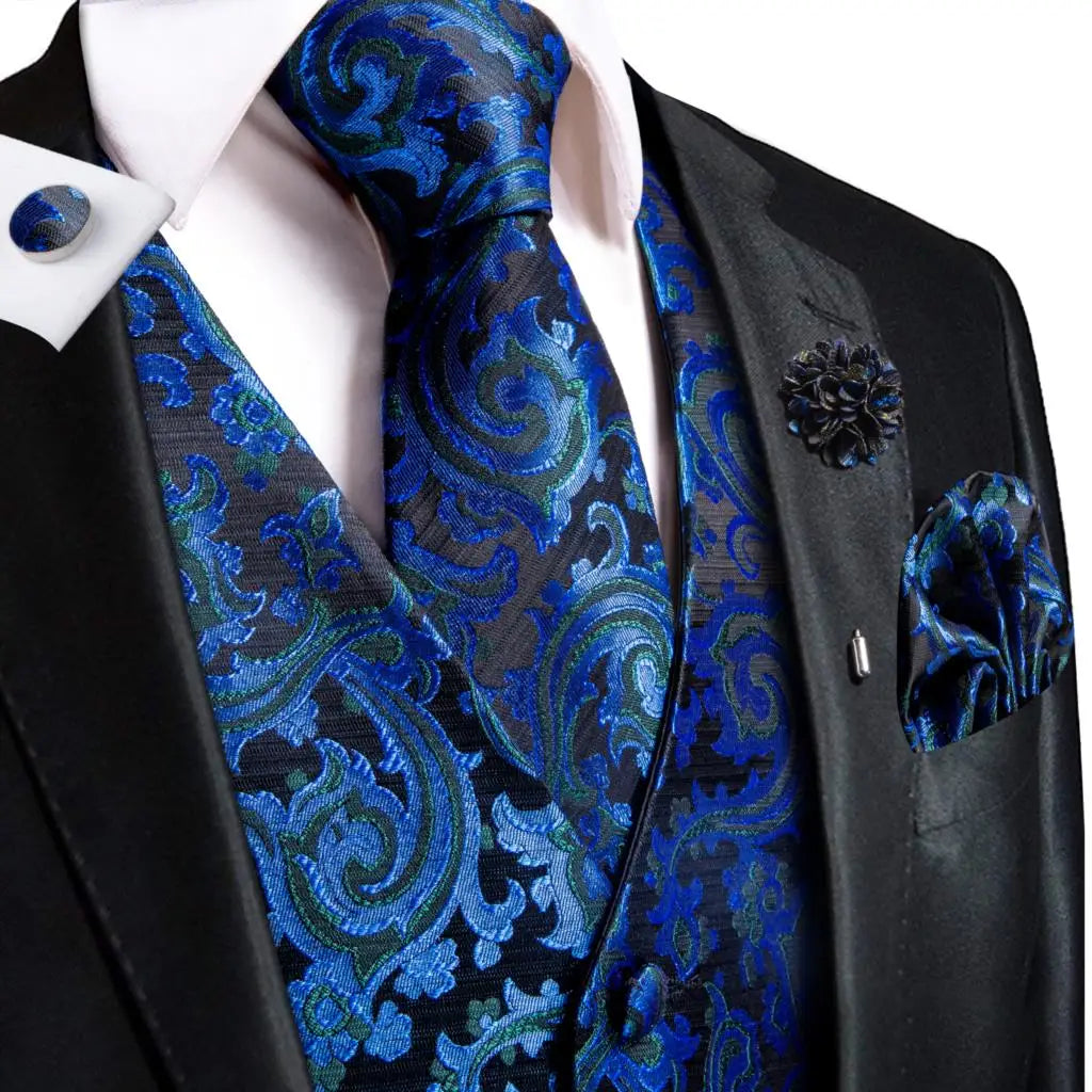 Mens Vests Jacquard Waistcoat Neck Tie Hanky Cufflinks Brooch Men Qme