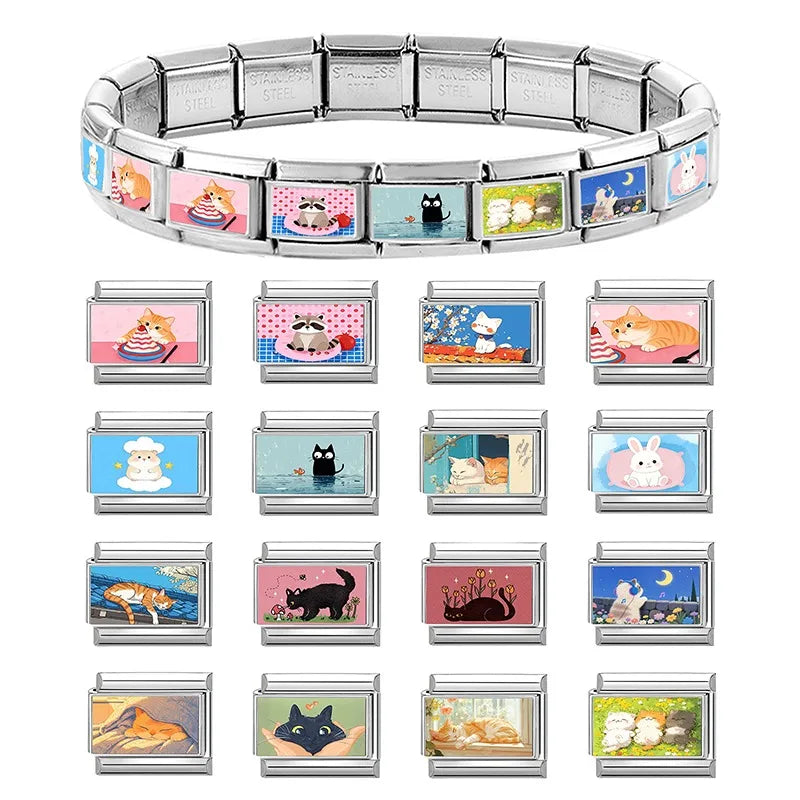 9mm Charm Links Bracelet Stainless Steel Y2K Kawai Cute Cats Listen to music Look at the moon Italian Men Women DIY Making Gifts Qme