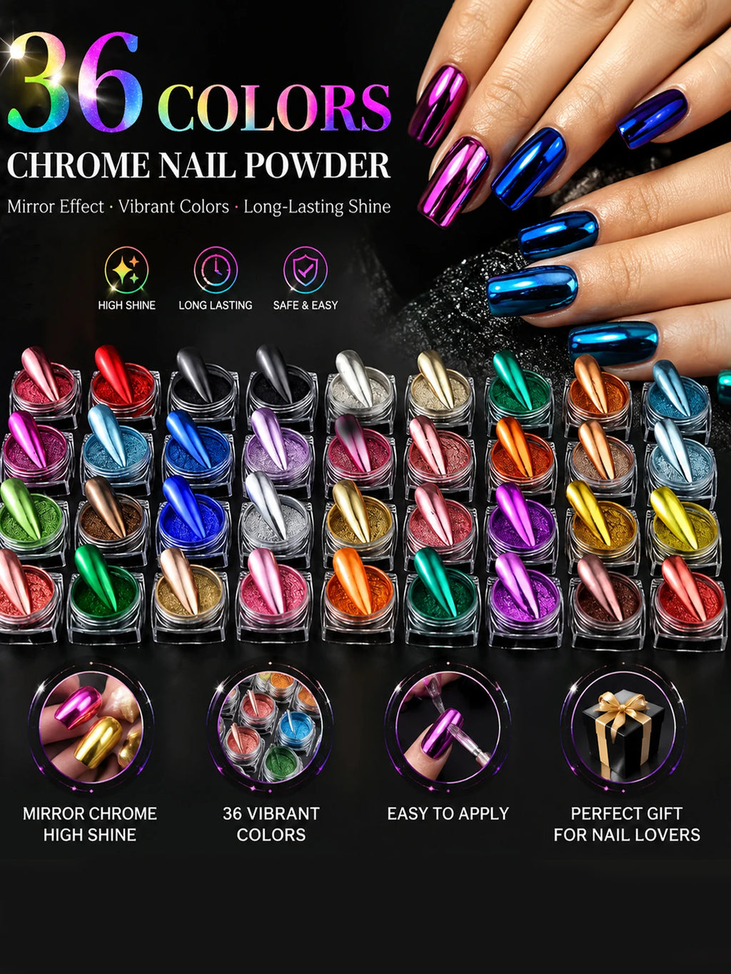 36 Boxes Metallic Mirror Chrome Nail Powder Aurora Shimmering Gold Qme