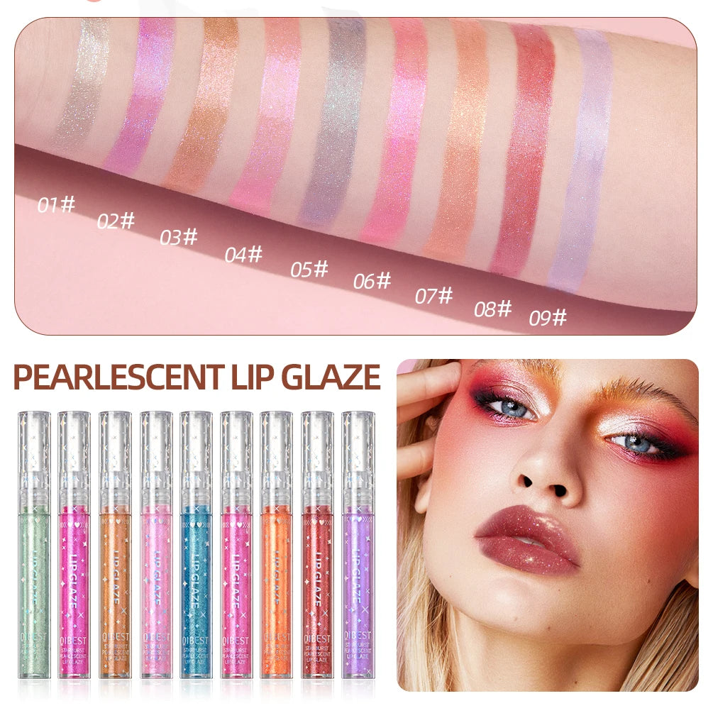 QIBEST Shimmer Lip Gloss 9Color Lip Sets Beauty Girl Diamond Glitter Lip Tint Long Lasting Liquid Lipstick Makeup Kits Lip Glaze Qme