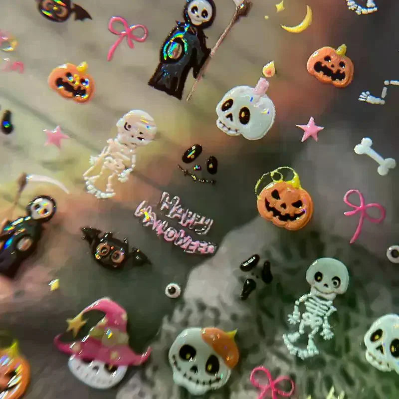 Halloween Nail Stickers Cute Star Moon Skeleton Pattern Decals Easy Qme