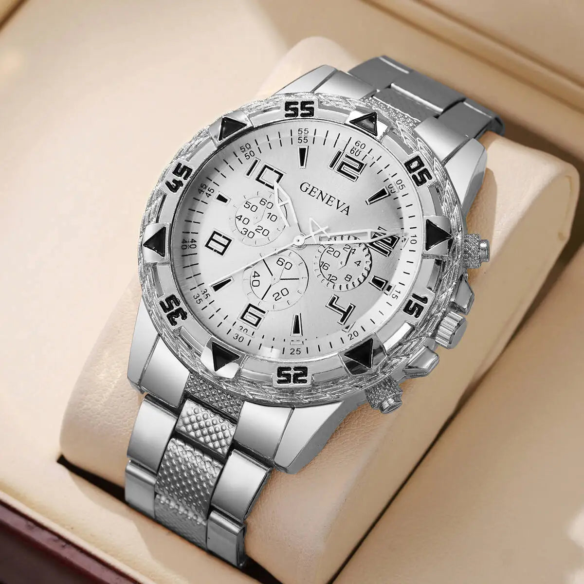 Fashion Business Men Watch Luxury Big Dial Mens Quartz Wristwatches Clock Gift Reloj Hombre（Without Box） Qme Silver White No Box