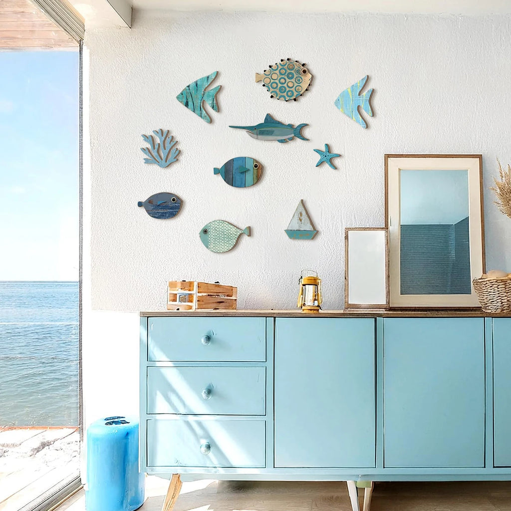 Handcrafted Wooden Ocean Wall Decor - Fish, Coral, Starfish & Sailboat Set for Home/Bathroom, Coastal Style Art Qme
