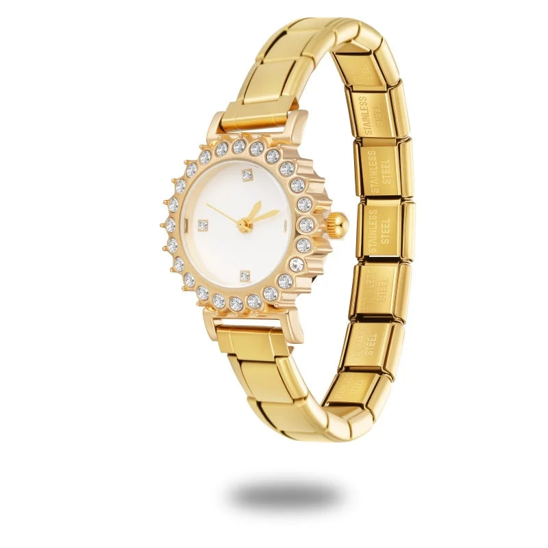 Fashion Women's Stainless Steel Round Shiny Zircon Watch DIY 9mm Width Bracelet Head For Party Friend Birthday DIY Jewelry Gift Qme S 8