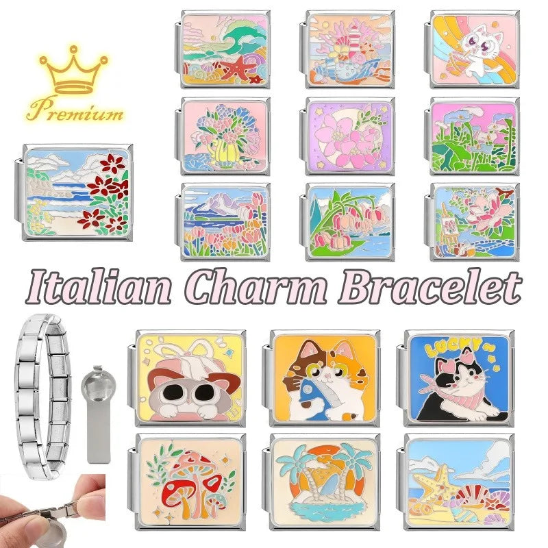 Y2K Colored Street View Flower Cute Cat Italian Charm Link Fit 9mm Stainless Steel Module Women Bracelet DIY Making Jewelry Gift Qme