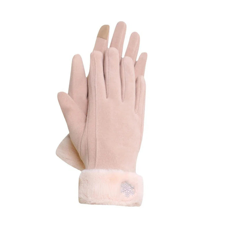 Autumn Winter Warm Suede Gloves Velvet Thickened Plush Decor Cuff Qme