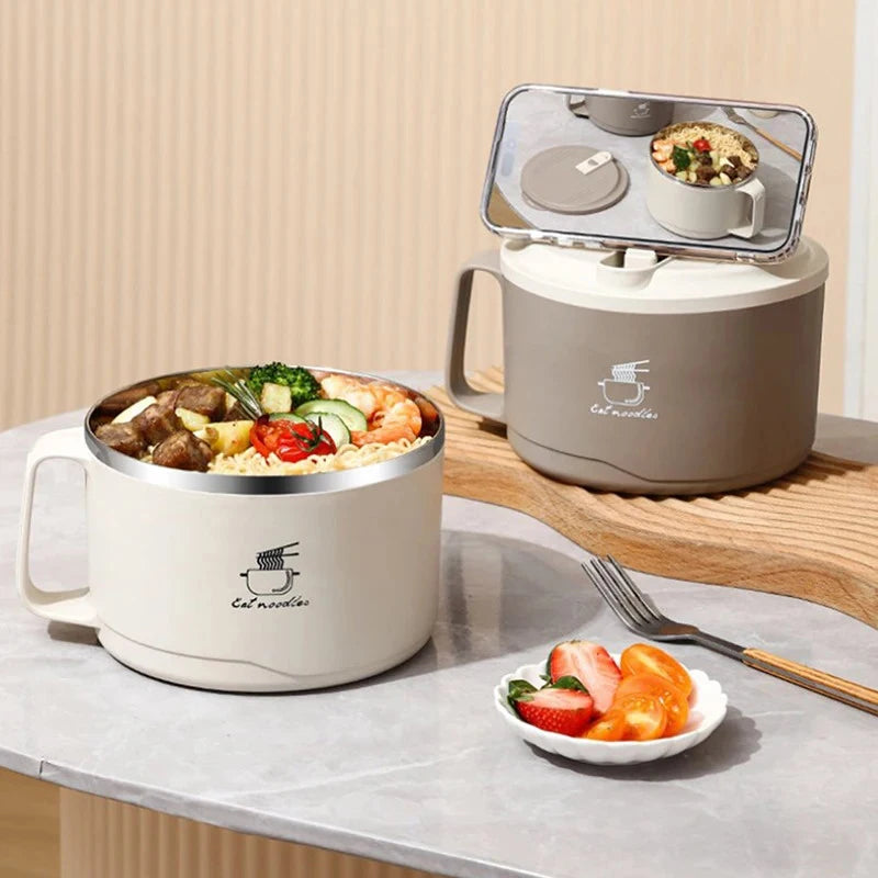 304 Stainless Steel Foam Bowl Large Capacity Double-Layer Anti-Scald Lunch Box With Tableware/Lid Can Drain Ramen Bowl Qme