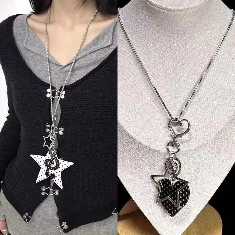 1PcsY2K White Polka Dot Star Necklace With Glitter Treble Clef Charm Grunge Egirl Layered Chain Jewelry Qme
