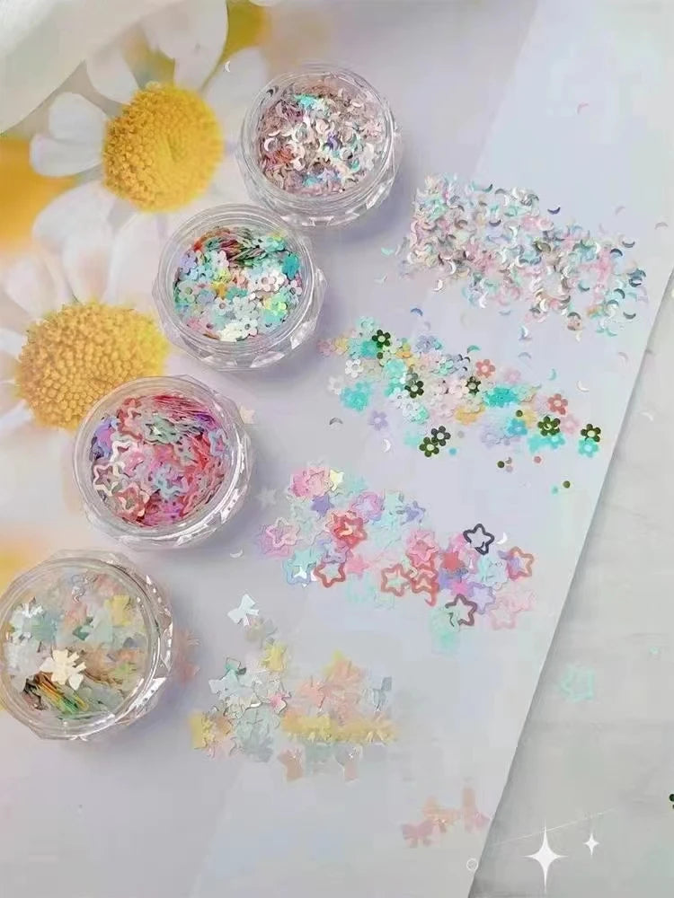 4 Fluorescent Mixed Shapes Nail Sequins Moon Star Flower Heart Art Qme