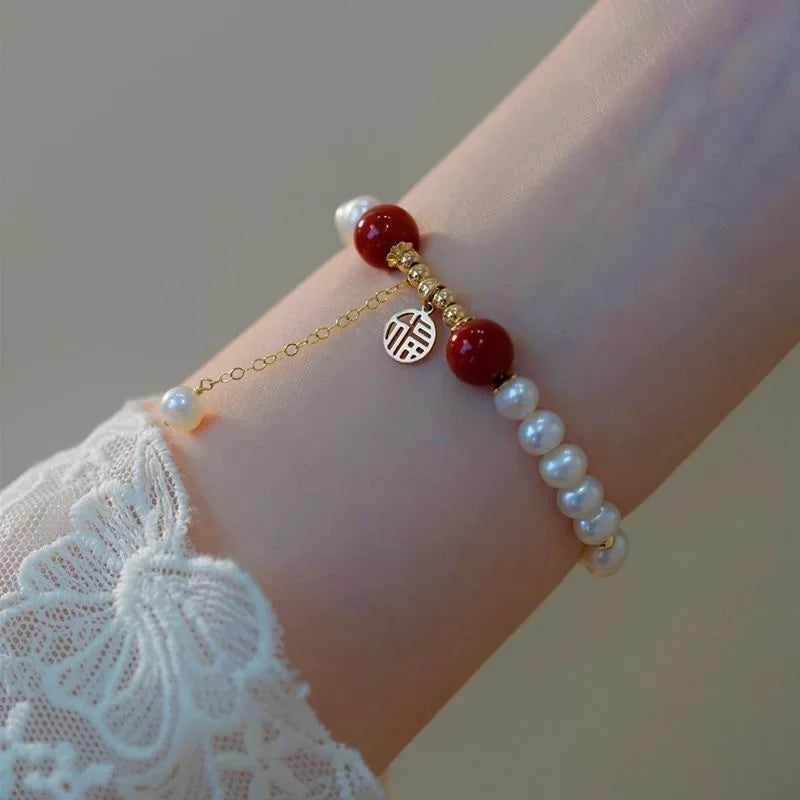 New Fu Word Honey Peach Pendant Pearl Bracelet for Women Natural Pearl Lucky Bracelet Jewelry Girl Daughter Fashion Gift Qme Fu red