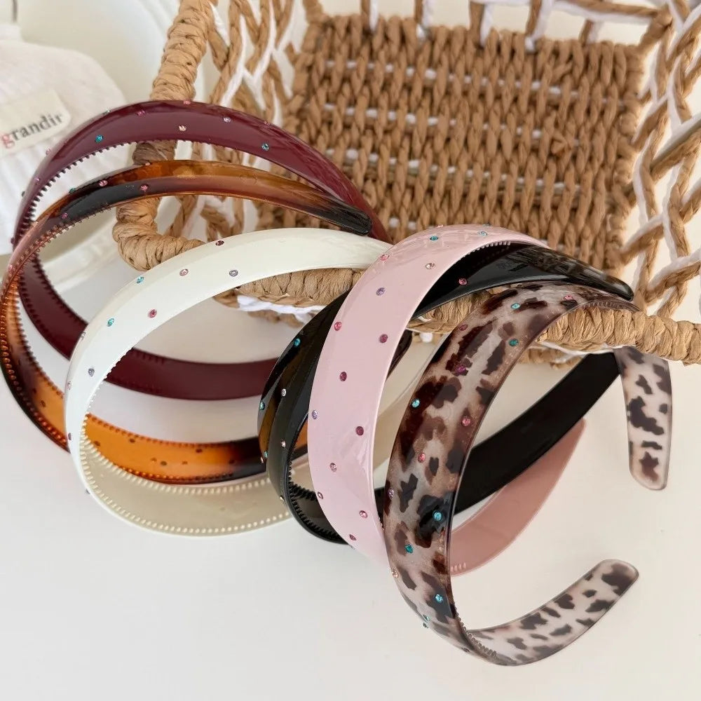 Luxury Colorful Acrylic Rhinestone Headbands Leopard Print Non-slip Wide Hair Hoops Shiny Vintage Hair Accessories Daily Qme