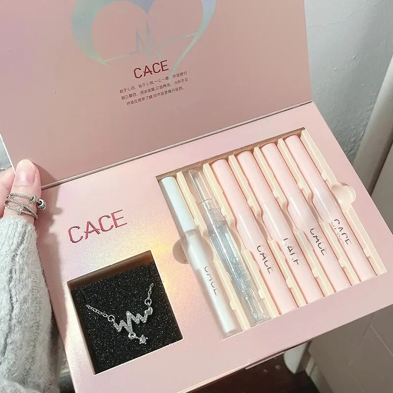CACE Matte Liquid Lipstick Makeup Sets 4 Colors Lipgloss And 1pc Transparent Lipgloss And 1pc Lip Balm Plumper And Necklace Gift Qme