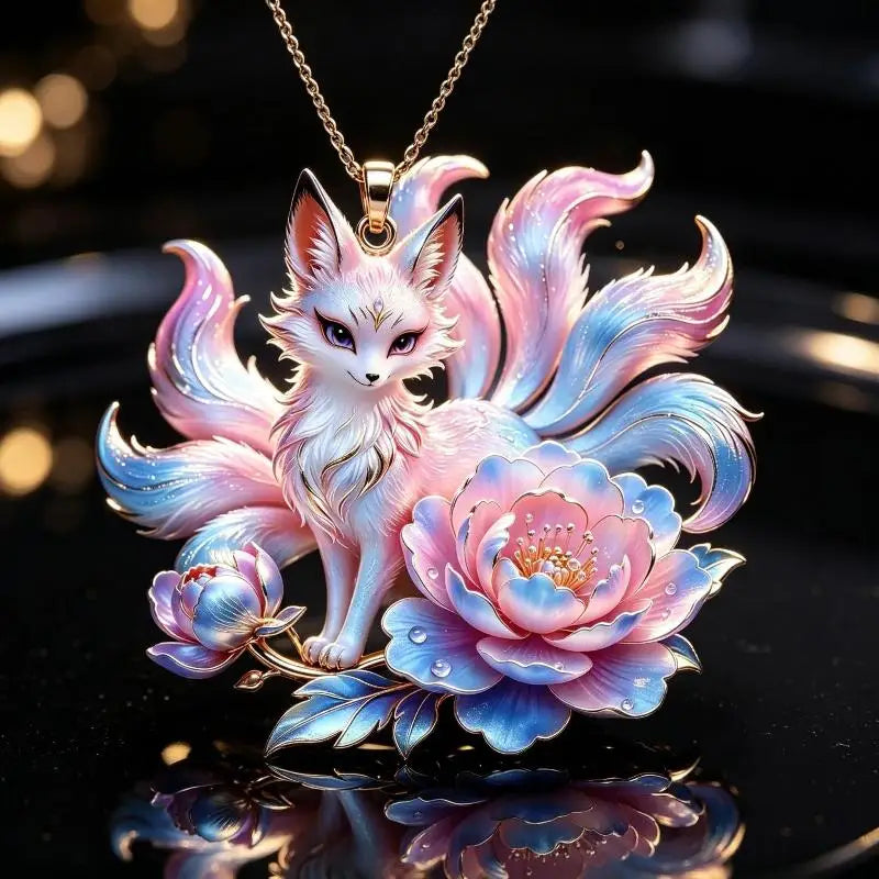 Nine Tailed Fox Pendant Necklace Unique Peony Flower Design Gold Plated Jewelry for Women Gifts Qme