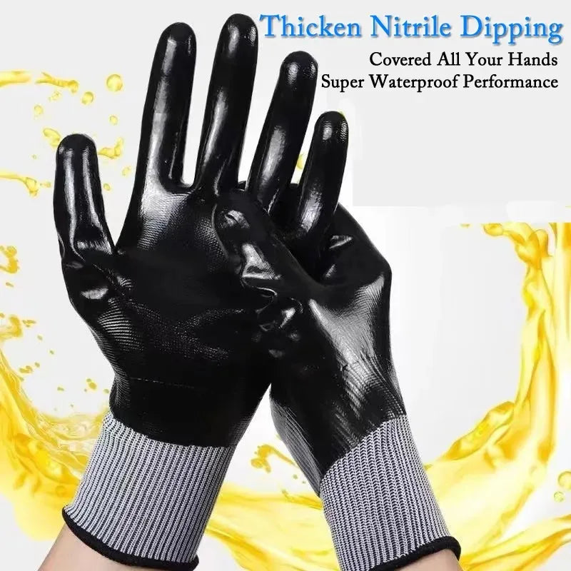 5PCS Oil Resistant Wear Resistant Full Rubber Flexible Nitrile Comfortable Mechanical Waterproof Work Gloves for Maintenance Qme
