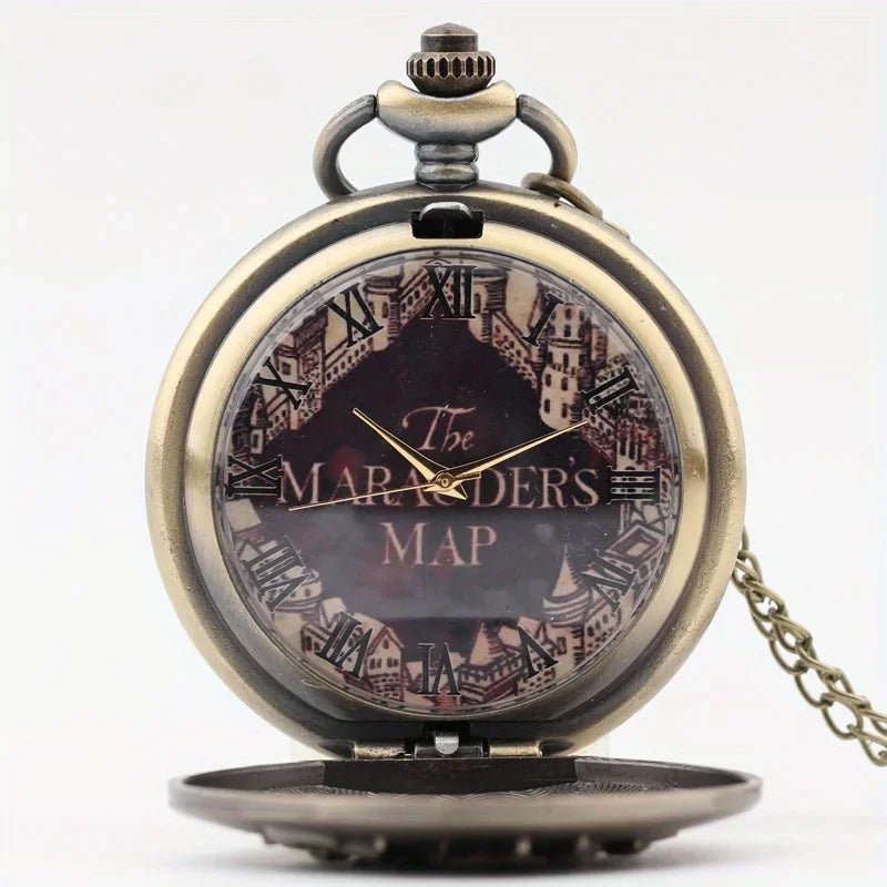 Vintage Castle Embossed Marauder Map Pocket Watch with Bronze Chain - A Timeless Accessory! Qme