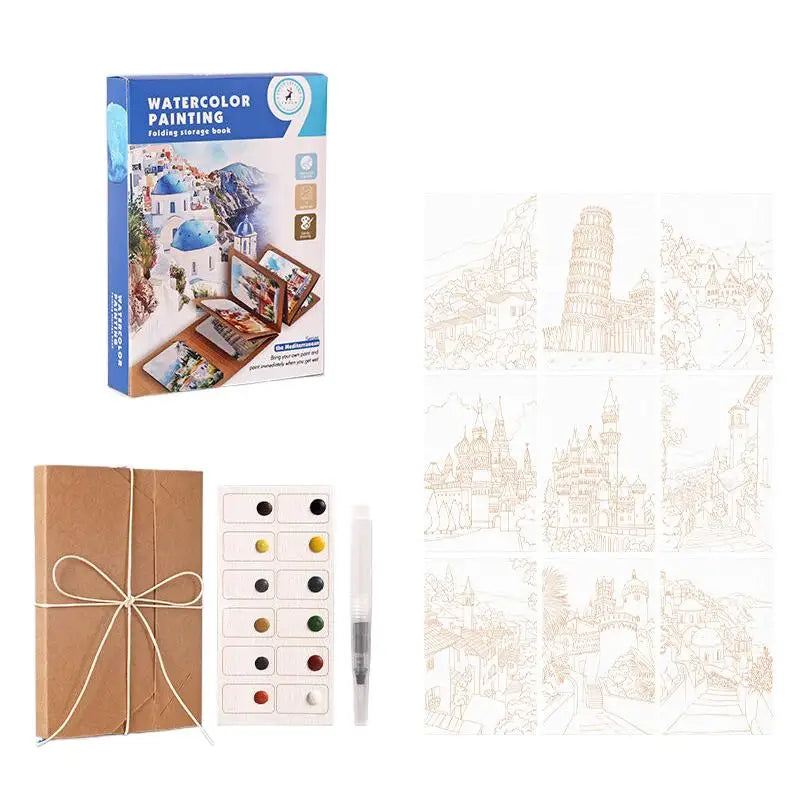 9 Sheets Watercolor Painting Thick Folding Storage Book Pen Holiday Qme Blue