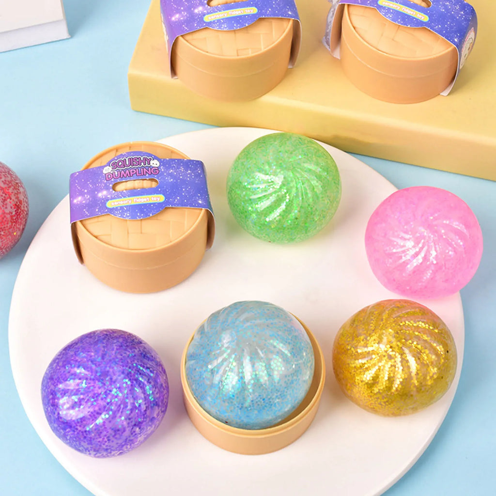 Cute Glitter Dumplings Squishy Toy With Steamer Soft Slow Resilience Toys Stress Relief Sensory Ball Sparkling Relaxation Tool Qme