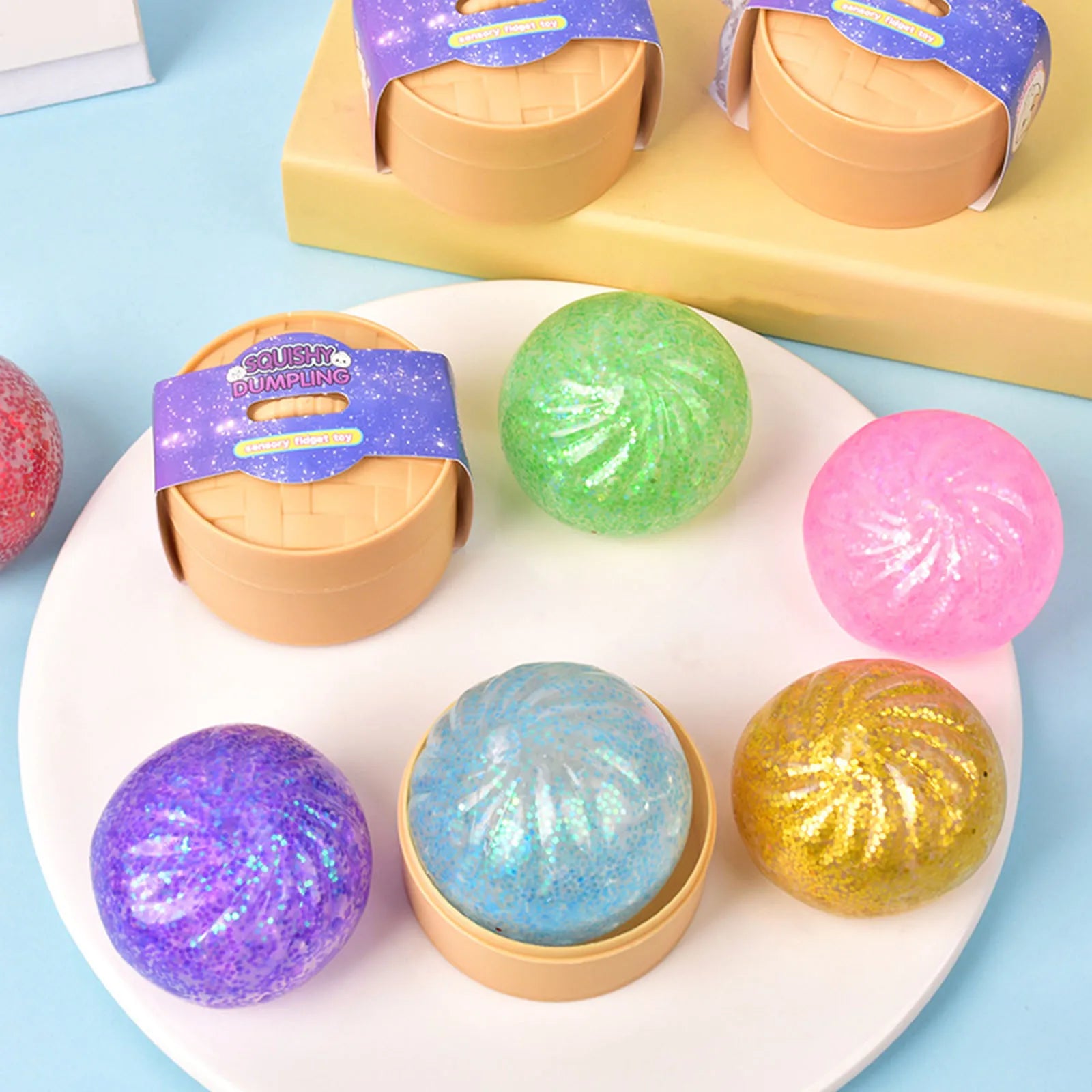 Cute Glitter Dumplings Squishy Toy With Steamer Soft Slow Resilience Toys Stress Relief Sensory Ball Sparkling Relaxation Tool Qme
