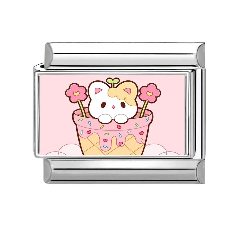 Y2K Pink Design Lovely Rabbits Tulip Flowers Strawberry Italian Charm