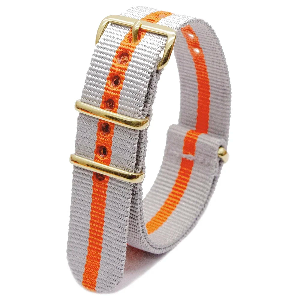 High Quality Luxury Striped Nylon Smart Watch Strap 18MM 20MM 22MM Gold Square Buckle Wear-resistant Woven Strap Qme 2Gray1Orange 18mm