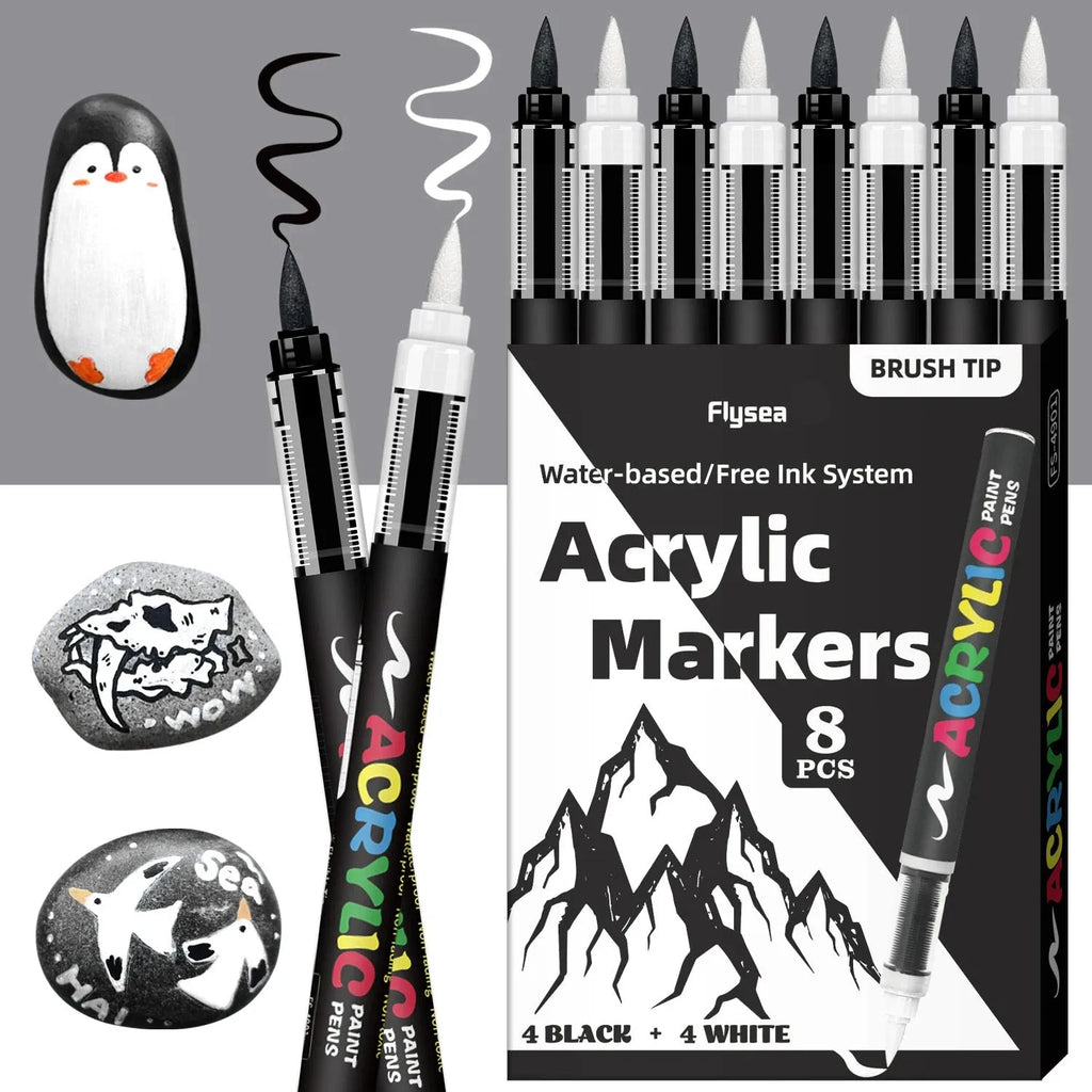 8pcs Black and White Acrylic Paint Markers Set, Large Ink Capacity, Acrylic Markers for Illustration Sketching, Wood, Glass Qme
