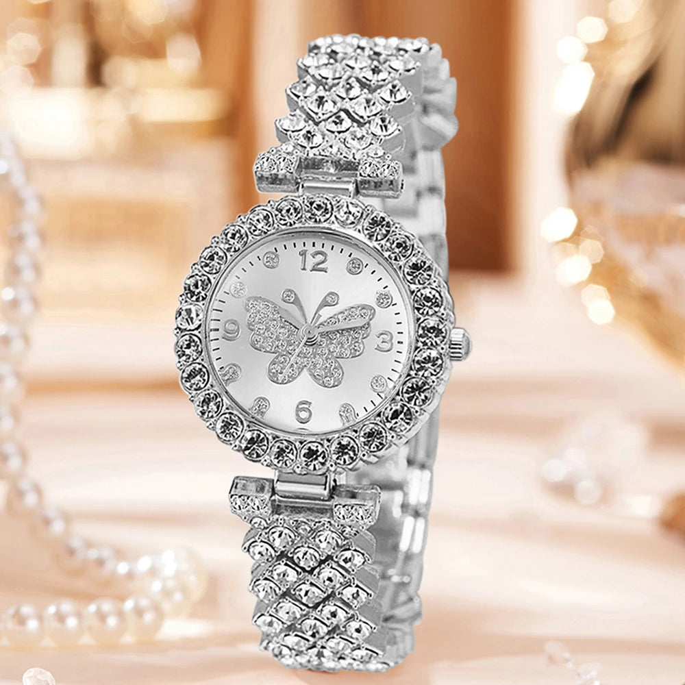 5PC Luxury Women Watch Set Fashion and Trendy With Rhinestone Butterfly Element Dial Quartz Watch Bracelet Set Perfect Gift Qme