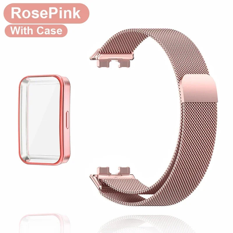 Metal Strap For Huawei Band 8 9 Bracelet With TPU Case Screen Protector Soft Film Replacement Milanese Magnetic Loop Watchband Qme RoPinkBand with Case For Huawei Band 9
