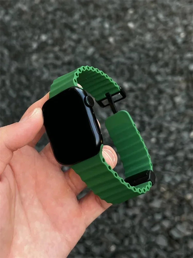 Silicone Strap For Apple watch band 49mm 46 45 44 40 41 38mm magnetic buckle bracelet iWatch series 3 4 5 6 se 7 8 9 10 Ultra 2 Qme Lucerne Green 42-44-45-49mm