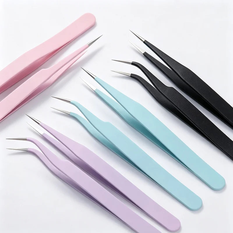 Stainless Steel Straight Curved Tweezers Colorful DIY Eyelash Tweezer Qme