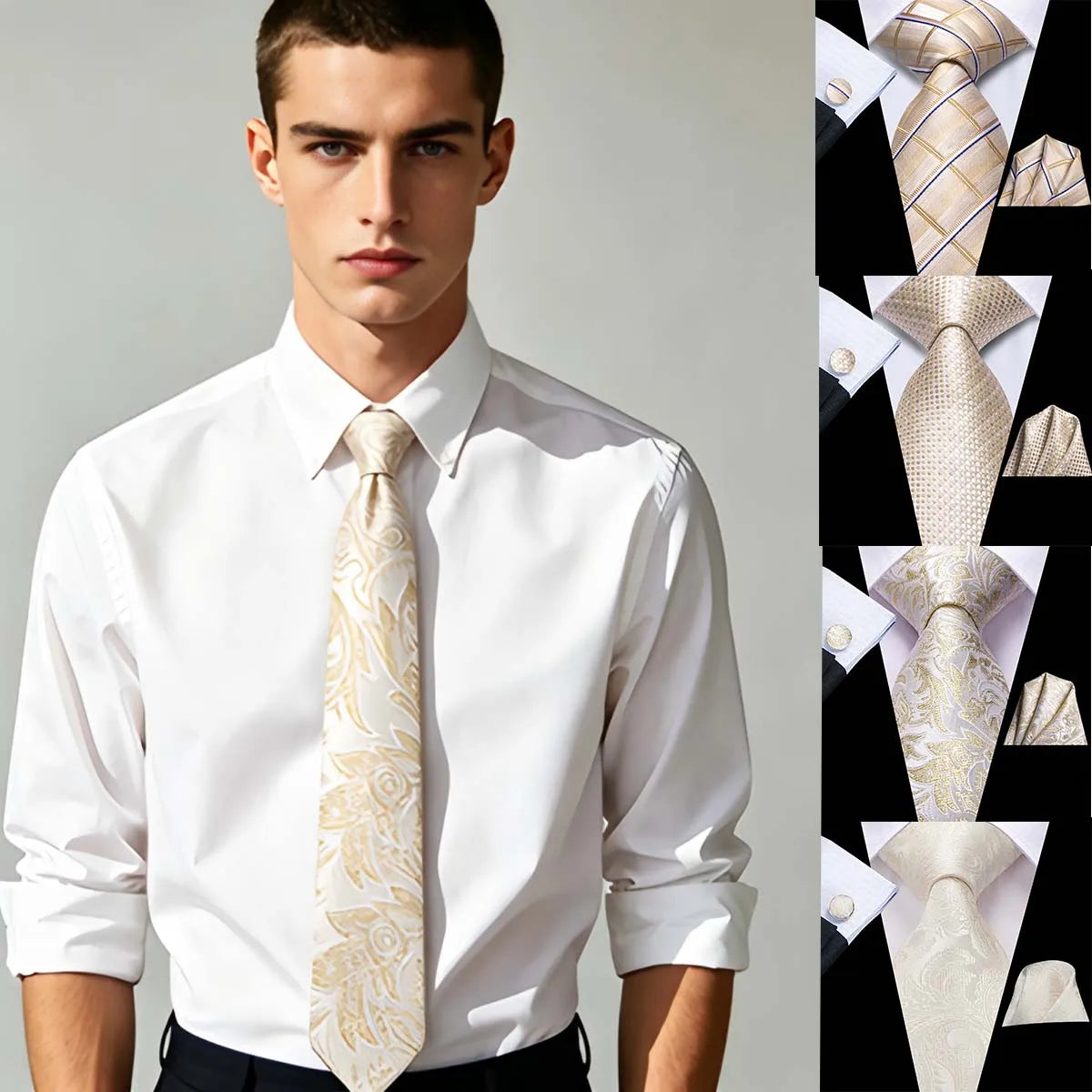 Men Luxury Champagne Necktie Set Including Pocket Square & Cufflinks Party Daily Outfit Qme