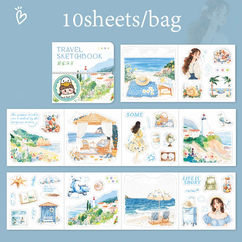 10 Sheets/Bag Travel Scrapbook Die-Cut Stickers for Planner Notebook DIY Phone Case Decoration Office Stationery Gift Qme 1