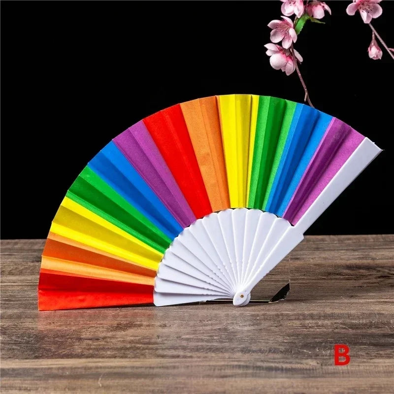 Plastic Hand Crank Fan Foldable Oriental Rainbow Silk Fabric Pocket Qme B