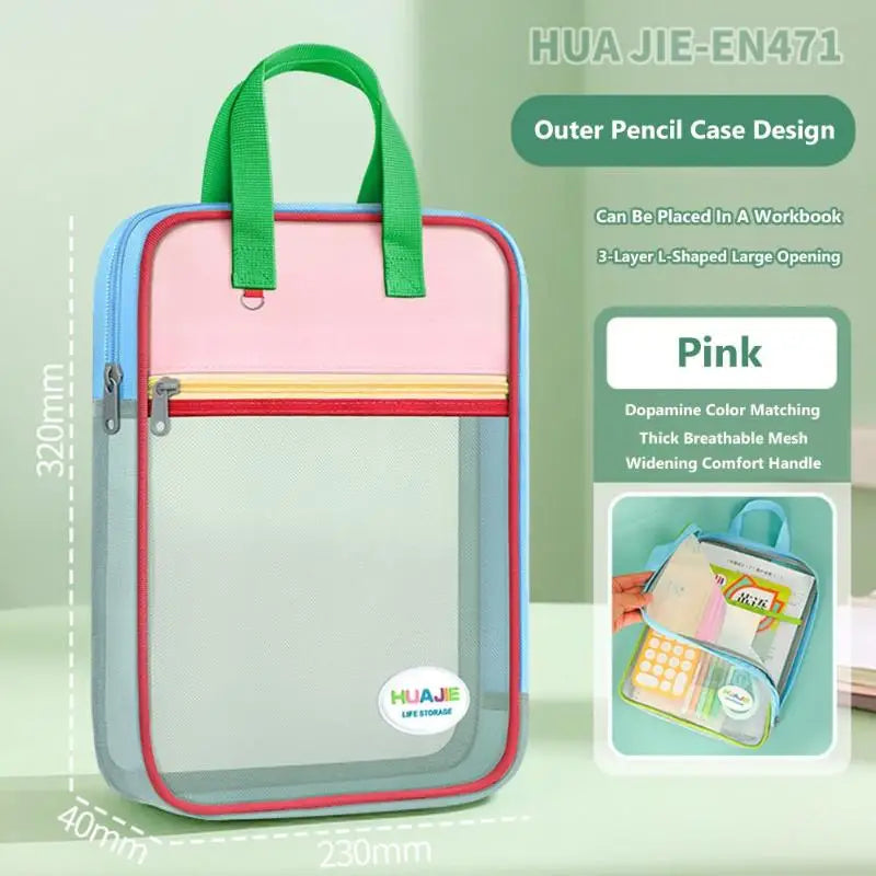 Student Handheld File Bag Dopamine Tote L-shaped Zipper Mesh Folder Qme A6