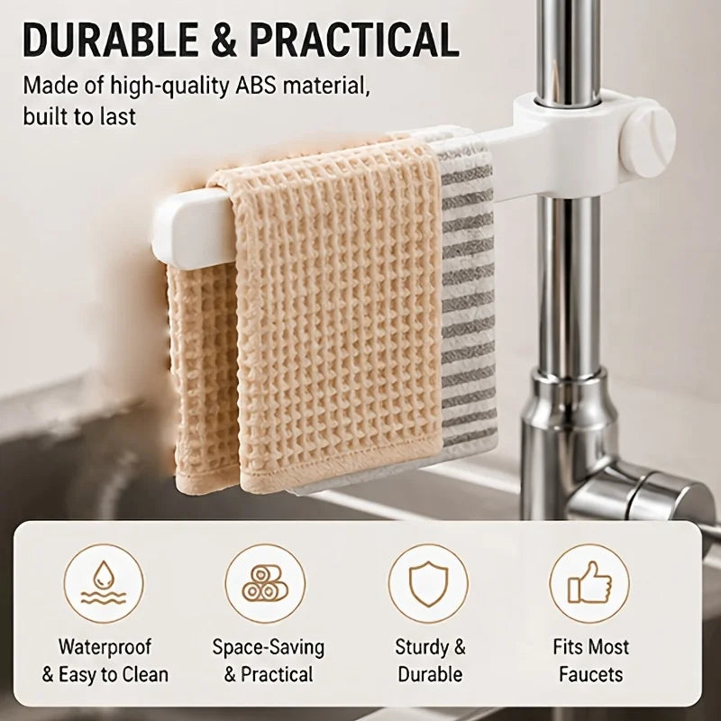 Adjustable Faucet Towel Holder, No-Drill Universal Faucet Mount Rack, Kitchen Sink Dish Cloth Hanger & Drying Organizer Qme