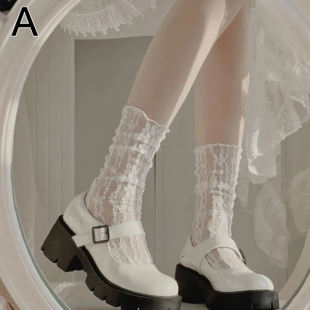 Women Sexy Black Fishnet Floral Pattern Lace Socks Thin Hollow Nylon Silk Retro Flower Pile Socks Ladies Transparent Crew Socks Qme white One Size