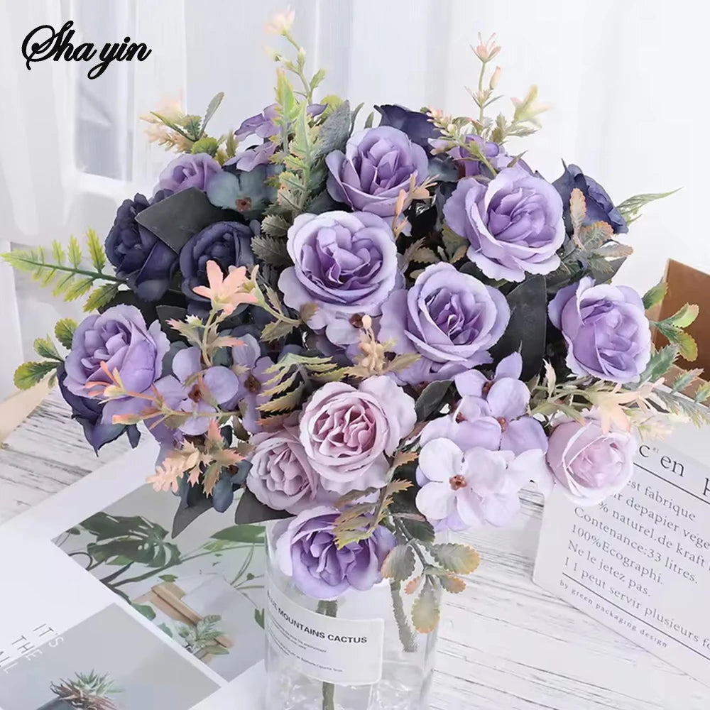 Home Decor Roses Autumn Artificial Flowers Silk Peony Hydrangea Big Bride Bouquet Wedding Home Party DIY Decoration Fake Flowers Qme
