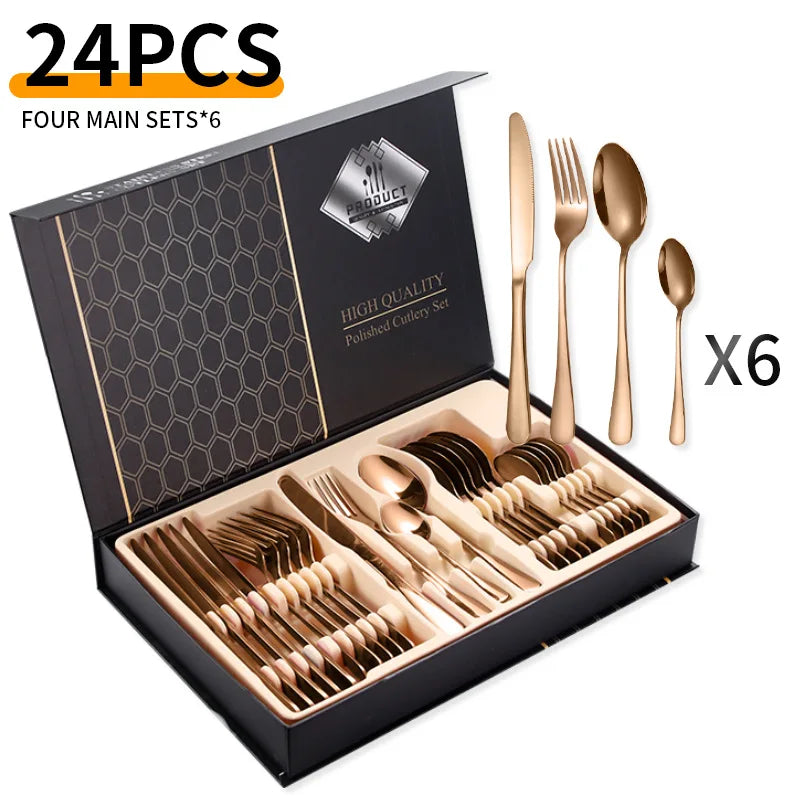 24-Piece Stainless Steel Tableware Set,Western Cutlery Steak Knife Fork Spoon, Gift Box Set for Home Restaurant Wedding Gift Qme B-24Pcs RoseGold