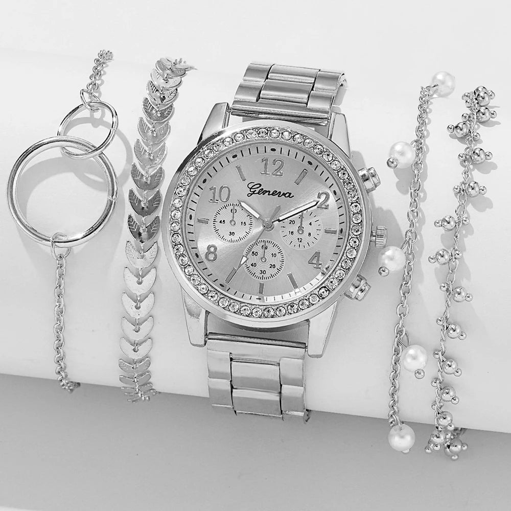 5PCS Quartz Watch Set Women Fashion Silver Round 3 Eyes Alloy Strap Wristwatch Gift Rhinestone Watch For Women Jewelry Set Qme 2