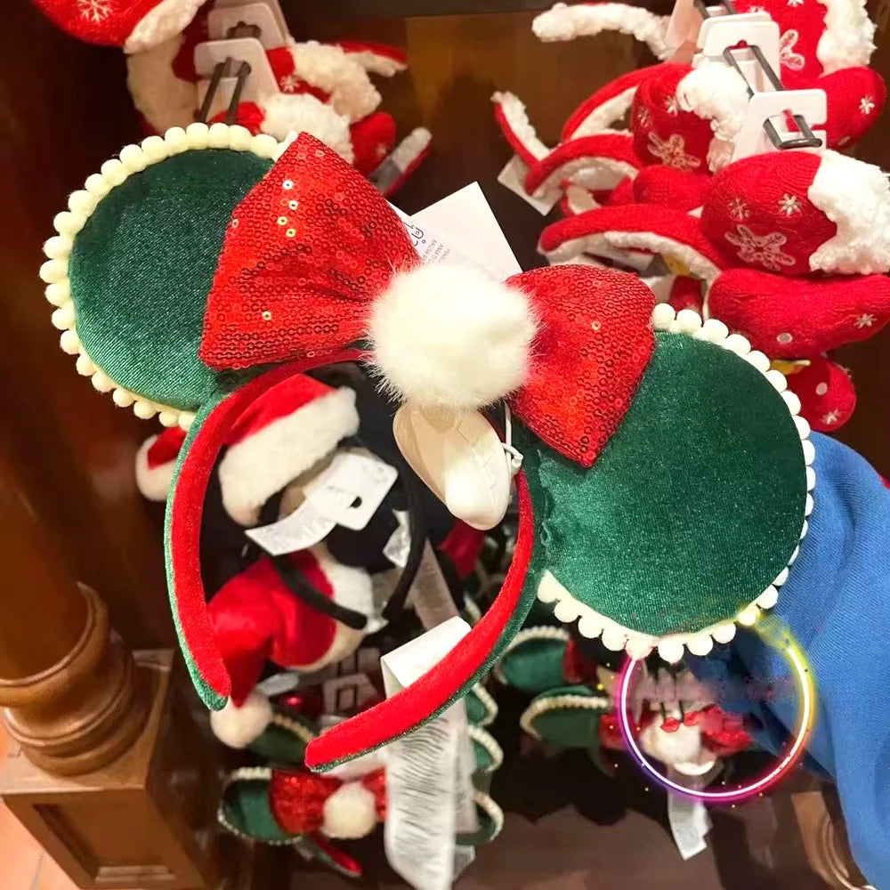 Christmas Minnie Mouse Green Ear Headband Holiday Party Red Bow Hairband COSTUME Headband Cosplay Plush Adult/Kids Headband Gift Qme