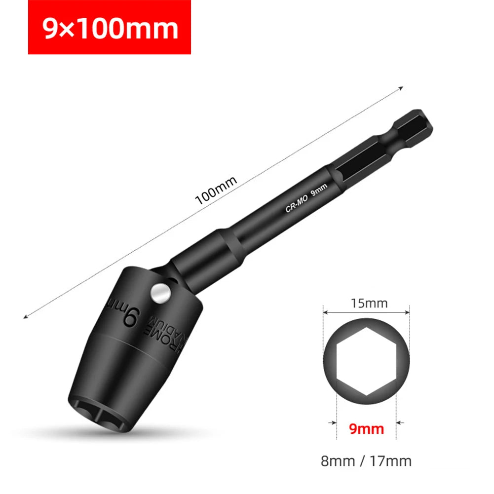 1Pcs Rotatable Driver Socket Head Adapter 1/4inch Hex Wrench Hex Socket Head 8-14mm Chrome Vanadium Steel Square Hole Connector Qme 9mm