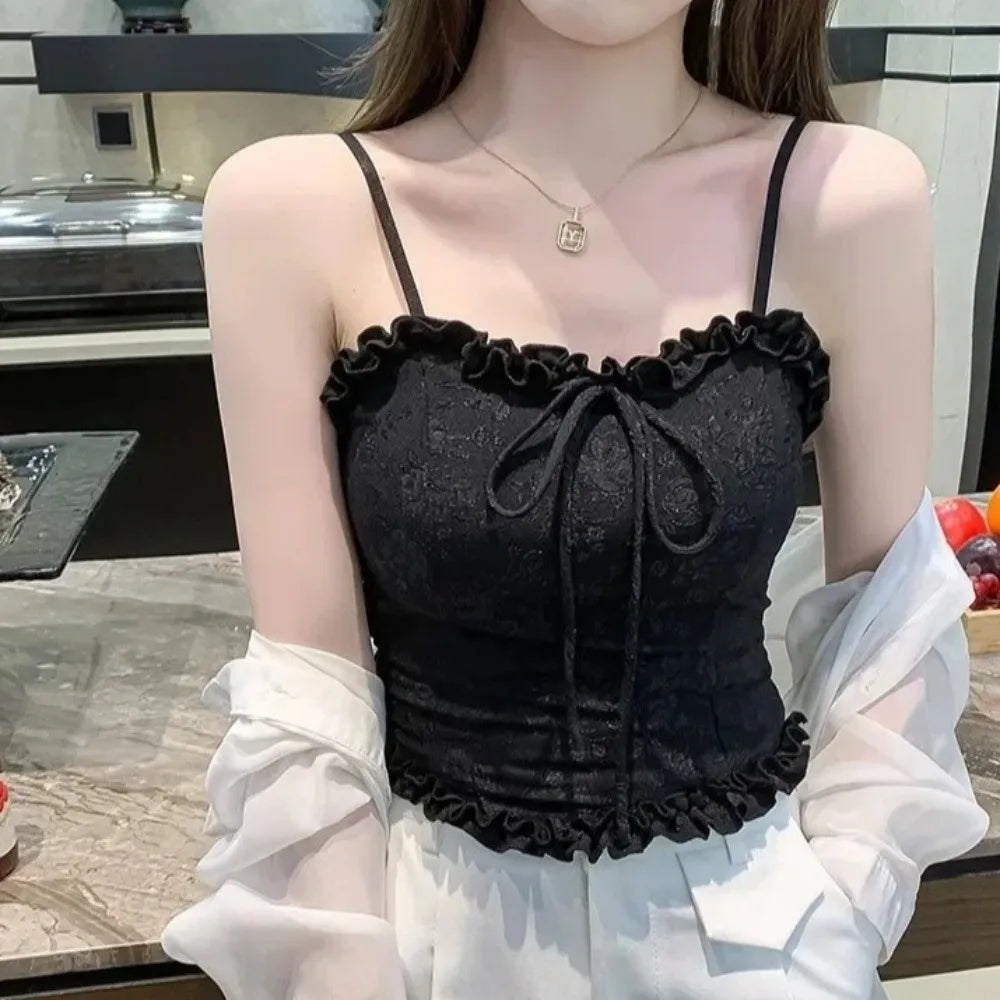 Streetwear Ruffle Sweet Crop Slim Fit Bowknot Women's Camisole Summer Qme