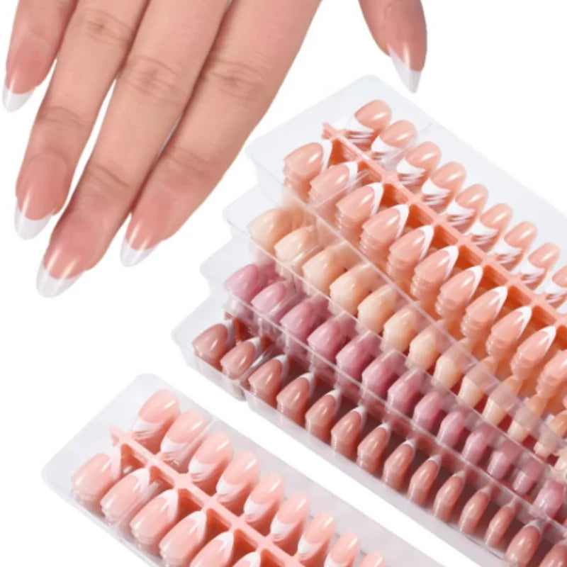 150pcs French White Edge Wearing Nail Pink Fake Nail Piece Full Sticker Matte Manicure Ultra thin White Qme