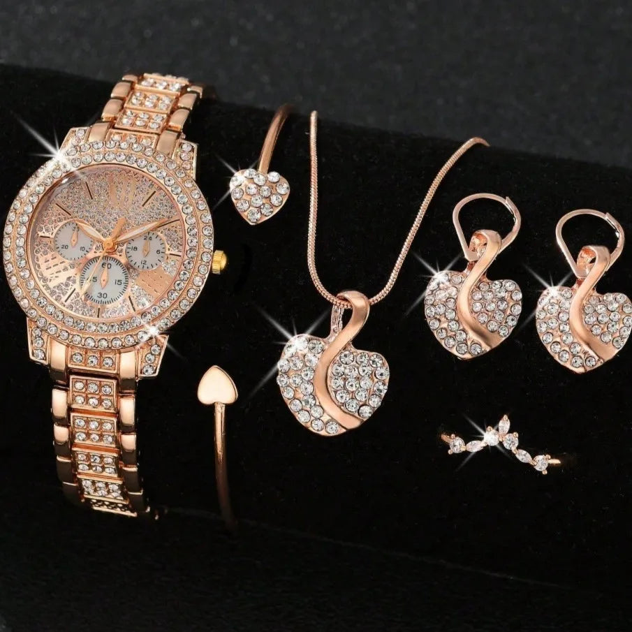 Affordable and high-end feel! Rose gold watch+necklace, earrings, ring, bracelet set Qme Other