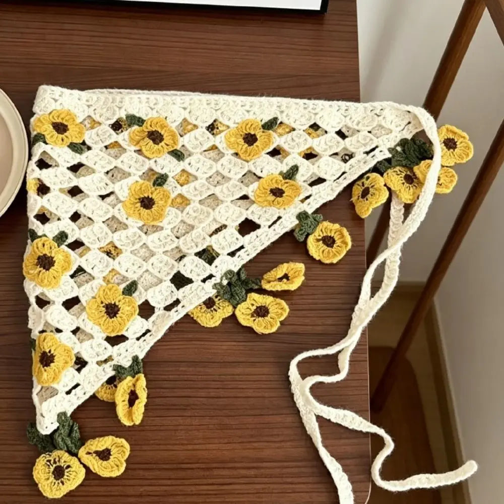 Cute Floral Knitted Flower Headband French Countryside Style Triangle Turban Bohemian Pastoral Women Hair Scarf Girls Qme