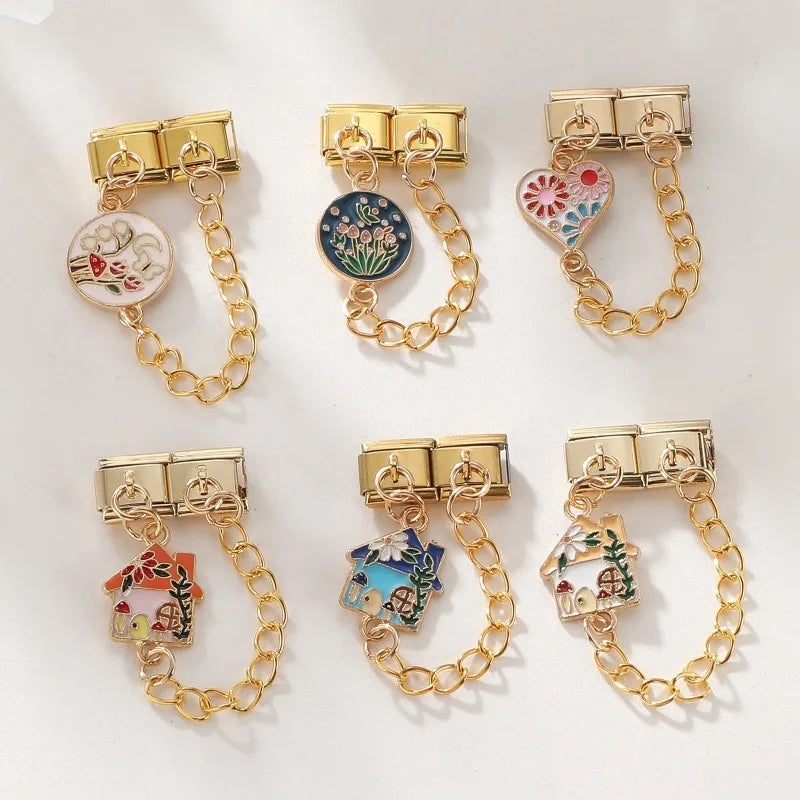 2025 New Heart Flowers Home Golden Women Fashion Chain Italian Charm Link Fit 9mm Bracelet Stainless Steel Making DIY Jewelry Qme